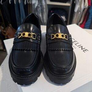 Celine Black Leather Kiltie Loafers with Gold Chain Accent